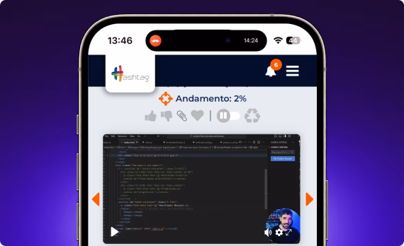 Imagem com fundo roxo e no meio um smartphone com a plataforma JavaScript Impressionador